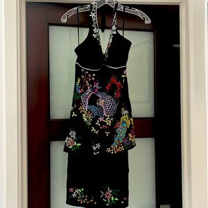 Sue Wong black linen halter dress with multi color embroidery - size 4